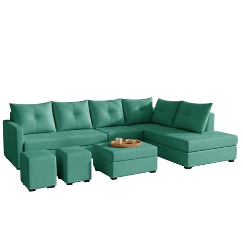 Image of Wood 8 Seater Sofa Set with Ottoman & Stools | Velvet Fabric Upholstery | Modern L Shape Wooden Frame Couch for Living Room, Home & Office (Green)