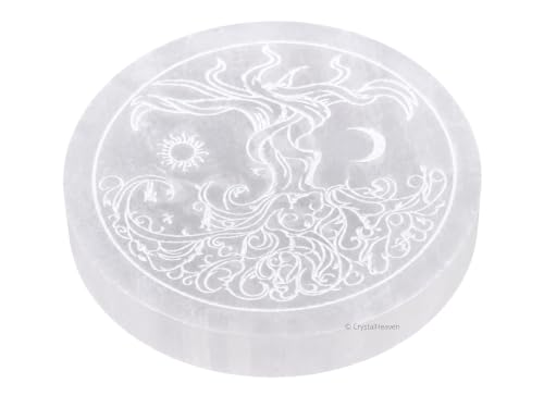 Image of Certified Selenite Crystal Charging Plate, 4 Inch Engraved Tree of Life Selenite Plate for Crystal Cleansing Re-Energy Work, Meditation and Pooja