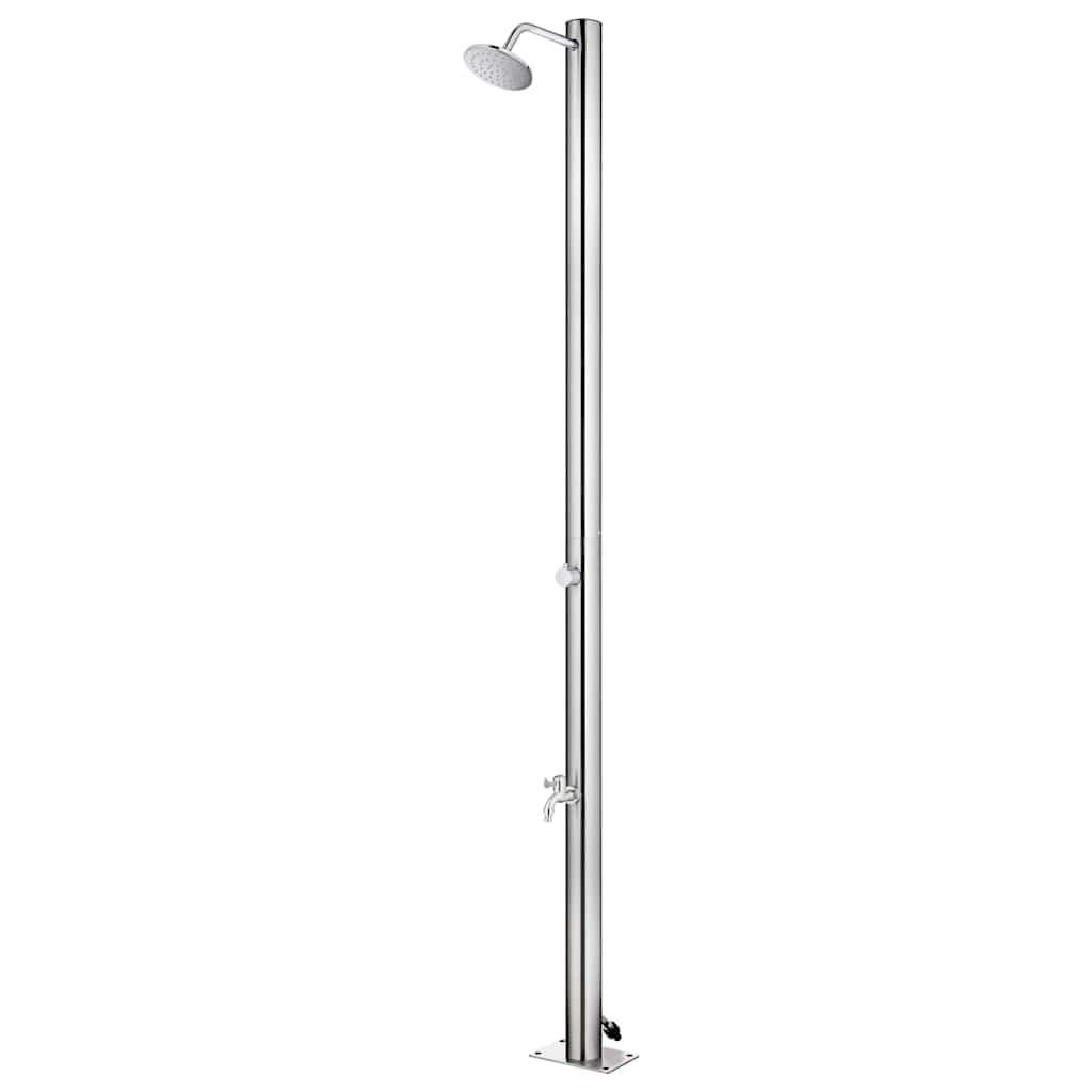 Ducha de jardín con base de 220 cm de acero inoxidable – ducha exterior con grifo de lavado de pies para jardín, terraza y piscina, color gris