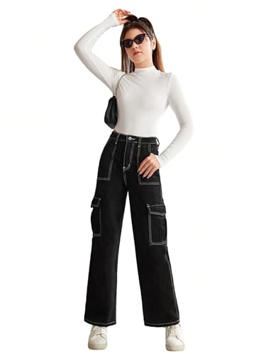 WDIRARA Girl's High Waist Flap Pocket Cargo Jeans Casual Button Denim Pants2