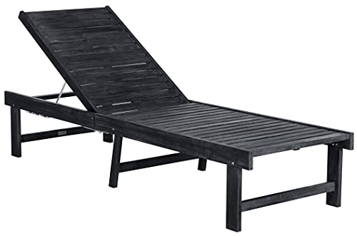 Safavieh Outdoor Collection Inglewood Grey Acacia Wood Cushion Chaise Lounge Chair Pat6723K, Dark Slate Gray/Beige #TOP3