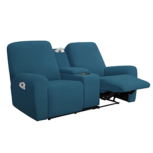 Image of Easy-Going Stretch Recliner Loveseat Cover with Center Console Sofa Slipcover Soft Fitted Fleece 2 Seats Couch with Holder and Storage Washable Furniture Protector Peacock Blue
