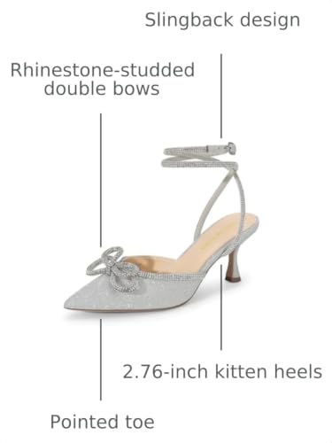 Image of DREAM PAIRS Kitten Rhinestone Bow Ankle Strap Closed Heels | 2.76 inch heel Stiletto Pointed Women Pumps Wedding Bridal Party Dress Shoes