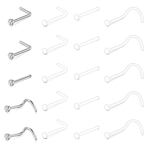 VCMART 20pcs Clear Nose Studs L Shape Screw Nose Bone Retainers Flat Top Bioflex Hide Piercing for School Work 20G 18G 22G
