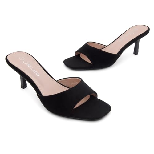 Image of Shoe Land Women's Low Heels Stiletto Heeled Slides, Open Toe One Band Slip-On Heeled Mules - Dressy Heeled Sandals for Prom, Party Wedding and Vacation
