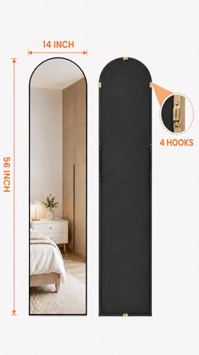 Image of Antok 56 inch x14 inch Arched Full Length Floor Mirror, Black Aluminum Frame, Free Standing /Wall Mount /Leaning for Bedroom, Living Room, Dressing Room