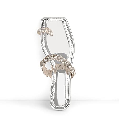Lishan Women's Toe Ring Sparkly Rhinestones Studded Slip On Summer Flats Sandals Square Open Split Toe Slingback Backless Diamonds Weave Strap Slipper Casual Fashion Slides Sandals Silver Size 13 #TOP2
