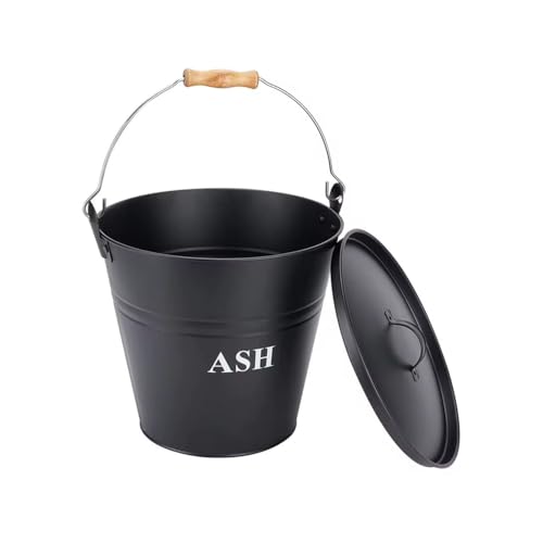 Optiproducts 12L Black ASH COAL Bucket with Lid Wooden Grip Metal carry handle Black Coated Ideal for Fireplace Log Ash Firewood Burner Scuttle Storage Companion
