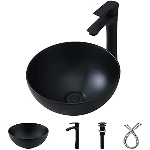 Black Round Vessel Sink with Faucet and Drain Combo -Bokaiya 13x13 Above Counter Bathroom Sink Matte Black Porcelain Ceramic Bathroom Vessel Sink, Faucet Matching Pop Up Drain Combo Cover