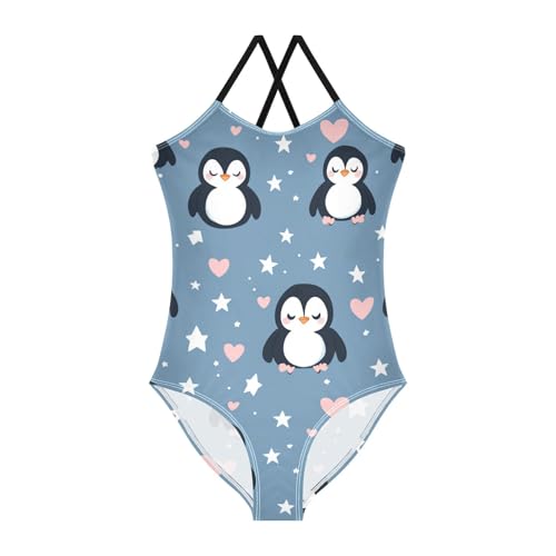 Cute Penguins Girls One Piece Swimsuits Pink Hearts Stars Sport Halter Swimwear Beach Bathing Suit 3T