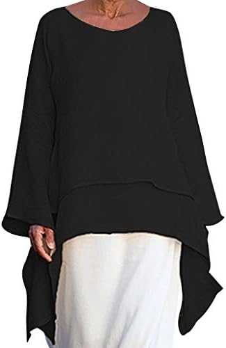Irregular Hem Shirt t Women Fashion Plus Size Casual Linen Top Long Sleeve Crew Neck Blouse Black