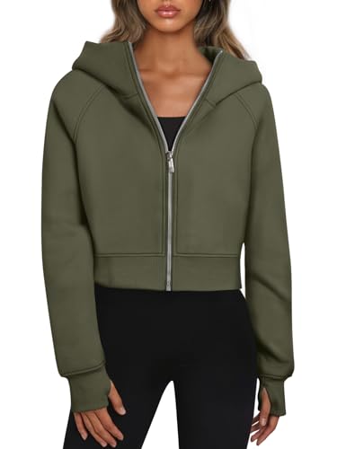 Trendy Queen Womens Zip Up Hoodies Cropped Sweatshirts Fall Outfits Casual Hooded Pullover Sweaters Tops Winter Clothes 2024, Armygreen, M