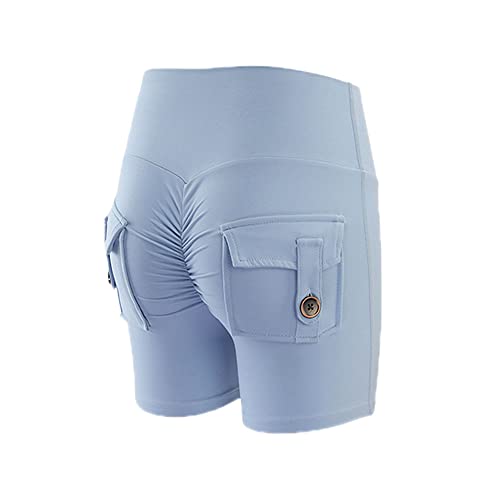 レディース ワークアウト スクラッチ ヒップショーツ 美的 魅力的 ポケットショーツ セクシー ヨガ ブーティ スクランチショーツ ヒップアップショーツ, ブルー, Large