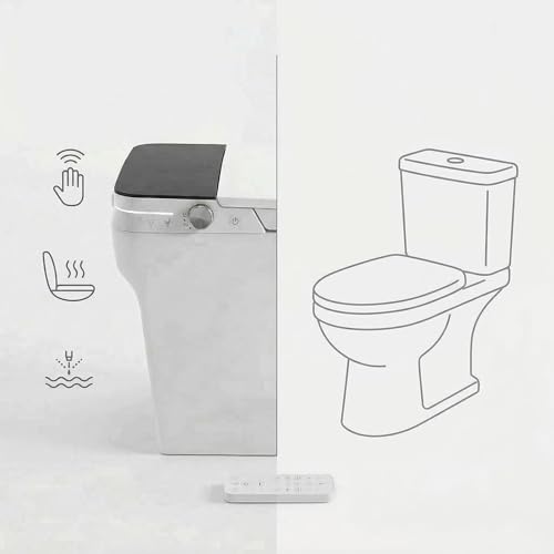 Inodoro inteligente con bidet, activación por sensor de pie, asiento calefactable, agua tibia, secado por aire, lavado femenino, luz nocturna LED, contenedor de agua para baja presión, cubierta blanca con luz LED negra miniatura 2