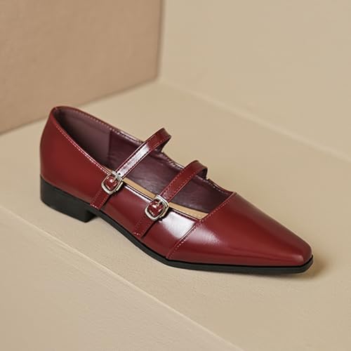 Women's Leather Pointed Toe Retro Double Strap Mary Janes,Adjustable Buckle Low Heel Flats Fashion Comfortable Dress Shoes4