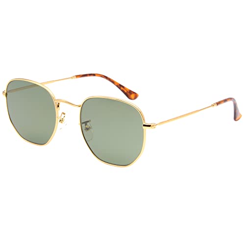Image of Retro Glass Lens Hexagonal Sunglasses for Men Women Vintage Square Metal Frame Flat Lens Sun glasses