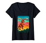 Photo Gallery donna t-rex dinosaur aigainst ufo tramonto sci-fi art design maglietta con collo a v Photo Gallery donna t-rex dinosaur aigainst ufo tramonto sci-fi art design maglietta con collo a v
