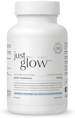 Just Glow Setria® Glutathione 60 Capsules - Clinically Studied & Potency Tested by 3rd Party - Reduced Active Form - L Glutathione Supplement for Antioxidants - Made in Canada (1 Month Supply)