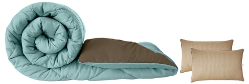 Image of Amazon Brand - Solimo Microfibre Reversible Comforter, Sky Blue & Taupe Grey, 200 GSM & 2-Piece Premium Bed Pillow Set, Microfibre, Brown, 43 x 69 x 17 cm