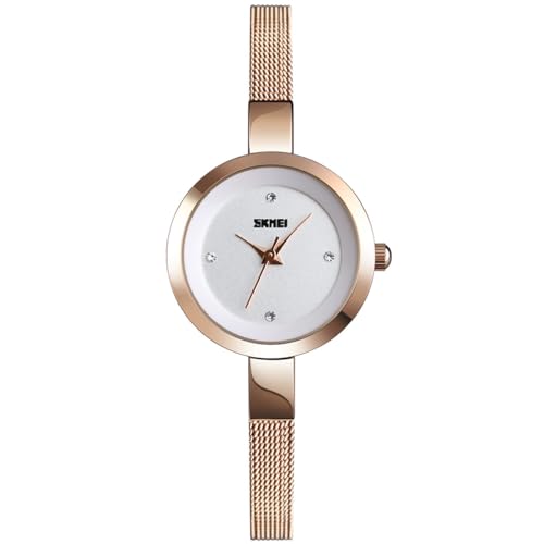 Imagen de Alienwork Reloj Mujer Oro Rosa Banda de Malla Metálica Plateado Strass Elegante