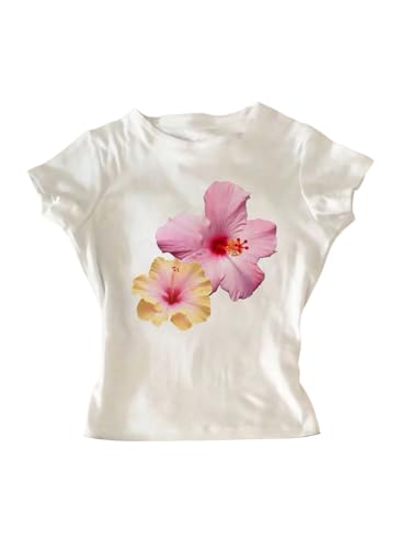 Girl's Floral Print Crewneck T Shirts Short Sleeve Slim Fitted Casual Summer Tops