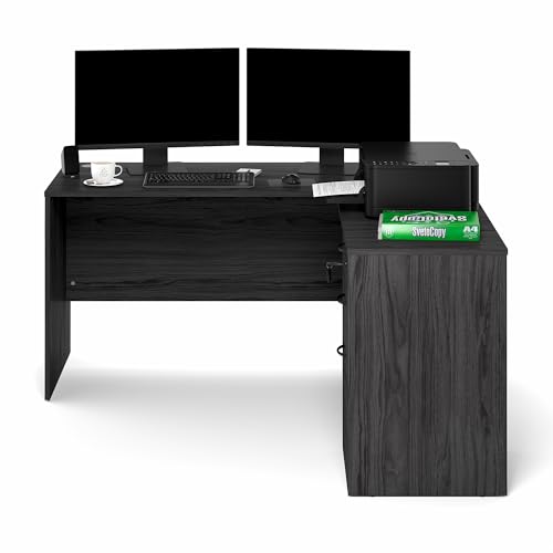 Image of Furinno Roger 60 Inch L-Shaped Executive Desk with File Cabinet, L-Shaped Office Desk with 3-Drawer Fixed Pedestal Filing Cabinet, Desk Cord Grommet, for Home Office, Coastal Grey