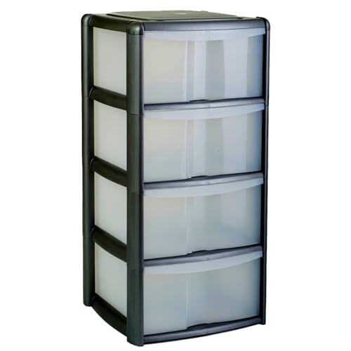 Wilko Storage Drawer Tower Unit, Plastic, Black, 38.5x39.5x81 cm, 4 Drawers
