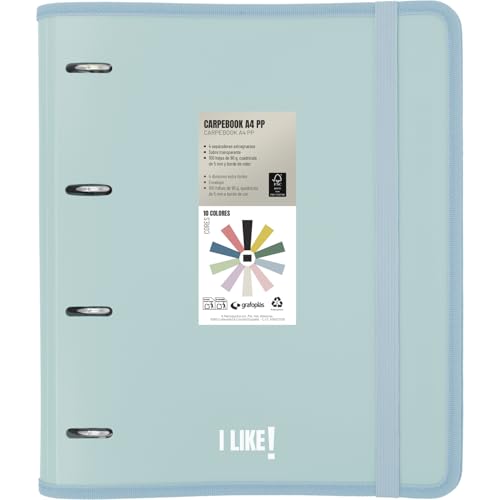 Grafoplas - Archivador 4 Anillas Plastico a4 con Recambio, Carpebook Like Azul Claro, Incluye Hojas Cuadros 90g 5x5 Bordes Color, Separadores, Sobre con Cierre, Pegatinas y Hojas Planner, Lomo Curvo