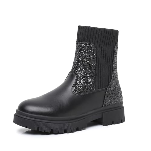 Ahannie Girls Chelsea & Combat Boots with Side Zipper – Kids Black Ankle Booties Fashion Shoes(Little Kid/Big Kid)