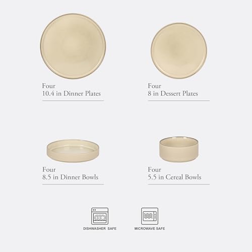 Image of Gibson Elite Liberty Bay 16-Piece Pottery Clay Stoneware Dinnerware Set - Taupe Reactive Glaze, Stackable Plates and Bowls W /Pasta Bowl, Service for 4 - Microwave & Dishwasher Safe
