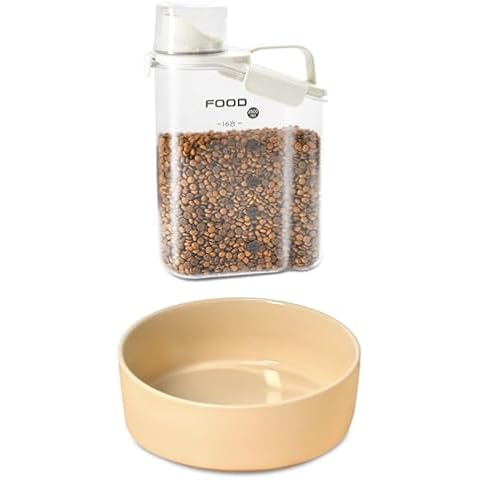 P-ZOONPE Dog Food Container and Ceramic Dog Bowls, Portable Pet Food Container, Heavy Dog Water Bowl for Dogs, Cats (White and Yellow) Cover