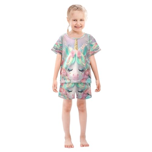 ALAZA Unicorn Rose Flower 3d Pajamas Set Short Sleeve Cotton Sleepwear Summer Pjs 2 Piece 5-14Y3