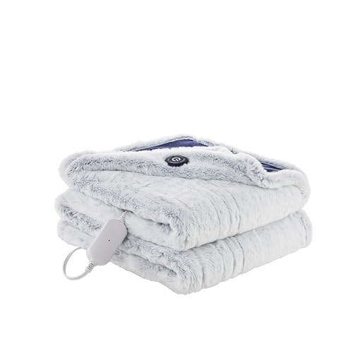 Berkshire Reversible Heated Throw - Jacquard Faux Fur & Silky Plush Electric Blanket with 4 Heat Settings & 4H Auto Shut-Off Machine Washable (50 x 60 Select Comfort Blue)