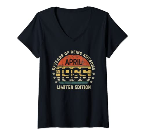 Mujer 57 Años Cumpleaños Regalo Abril 1965 Divertido Mujer Hombre Camiseta Cuello V