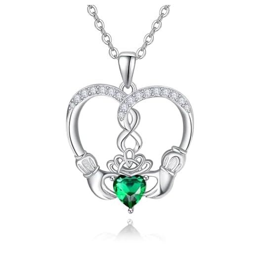 KINGWHYTE Infinity hart halsketting voor vrouwen 925 sterling zilver mei geboortesteen halsketting groen Claddagh halsketting smaragd geboorte steen sieraden Ierse geschenken voor vrouwen, Smaragd