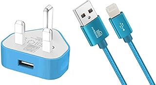 AMO® Blue USB SYNC Data Cable Charger 2 Meter Lead With UK Plug Adapter For Compatible with i-Phone 6 6s 5s 6s PLUS 7 7 Plus i-Pad i-Pod (Blue 1Amp)