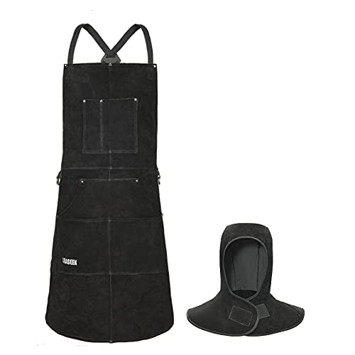 Leather Welding Apron with Welding Hood - 6 Tool Pockets for Men& Women - Work Apron - Ideal for Woodworking, Blacksmithing, Gardeners, Mechanics, BBQ - Adjustable M to XXXL