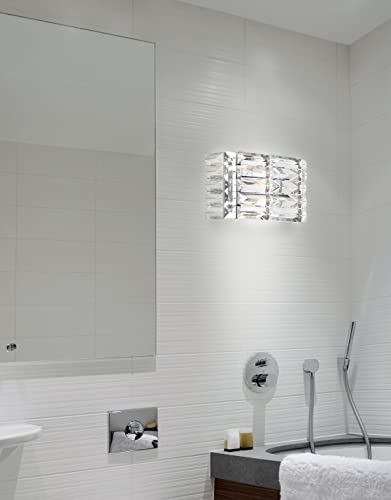 Image of JONATHAN Y 10 inch Chrome Modern Crystal Vanity Light, LED Bathroom Wall Sconce, 1-Light Fixture for Mirror, Glam Lighting with Clear Crystal Shade, Art Deco Makeup Wall Lamp JYL7538A