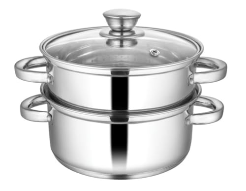 Image of VARCHAS Stainless Steel 2 Tier Momo Steamer 20cm Diameter with Glass Lid and Riveted Handles | Multi Purpose | Induction Bottom and Gas Base | Silver