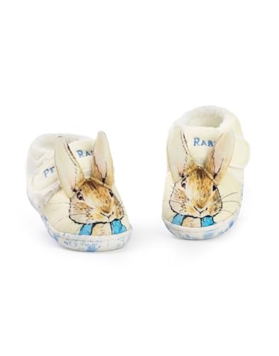 Peter Rabbit Kids Slippers | Childrens Rabbit Character Face Loafers with 3D Ears | Animal Character Fur Lined Self Fastening House Shoes for Boys and Girls | Classic Story Book Movie Merchandise Gift