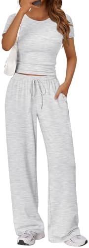 Trendy Queen 2 Piece Matching Summer Lounge Set Womens Side Ruching Top Wide Leg Pants Sets with Pockets