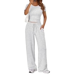 Trendy Queen 2 Piece Matching Summer Sweatsuit Lounge Set Womens Wide Leg Pants Side Ruching Crop Top Sets