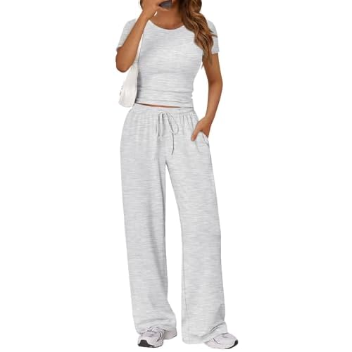 Trendy Queen 2 Piece Matching Summer Sweatsuit Lounge Set Womens Wide Leg Pants Side Ruching Crop Top Sets