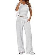 Trendy Queen 2 Piece Matching Summer Sweatsuit Lounge Set Womens Wide Leg Pants Side Ruching Crop...