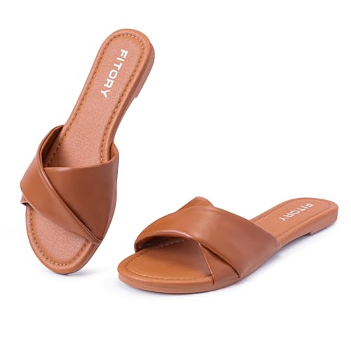 Image of FITORY Women's Flat Sandals Fashion Slides With Soft Leather Slippers for Summer Size 6-11
