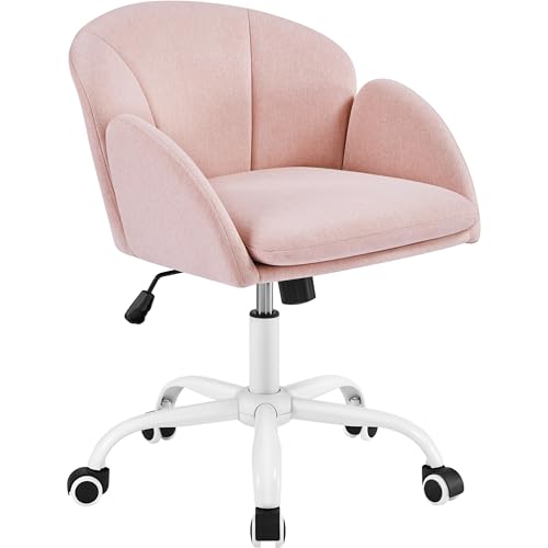 Yaheetech Silla Giratoria de Tela con Respaldo de Pétalos, Altura Ajustable, para Dormitorio/Estudio/Tocador, Rosa Claro