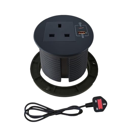 ZESHAN Desk Grommet Power Grommet Desk Hole Socket Cable Grommet with USB C Fast Charging Ports and 1 UK Plug 1.5M extension Power Cord for Conference Table Desk Furniture, Black