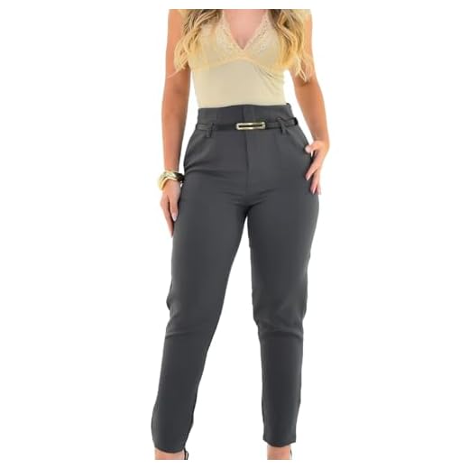 Calça Feminina Alfaiataria Social Slim Elegante Trabalho (BR, Alfa, GG, Regular, Regular, Cinza-escuro)