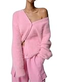 KANDEMY Damen Flauschiger Pelziger Cardigan Oversize V Ausschnitt mit Knopfleiste Cozy Plüsch Strickjacke Elegante Strickoberteil Pink XL