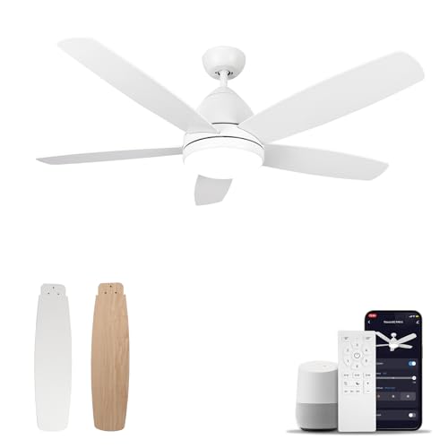 Viossn Smart White Ceiling Fan with Light, 52-Inch Modern Outdoor Ceiling Fan and Remote/App, Dimmable Tri-Color LED and Reversible Motor for Indoor Bedroom/Outdoor Covered Patio